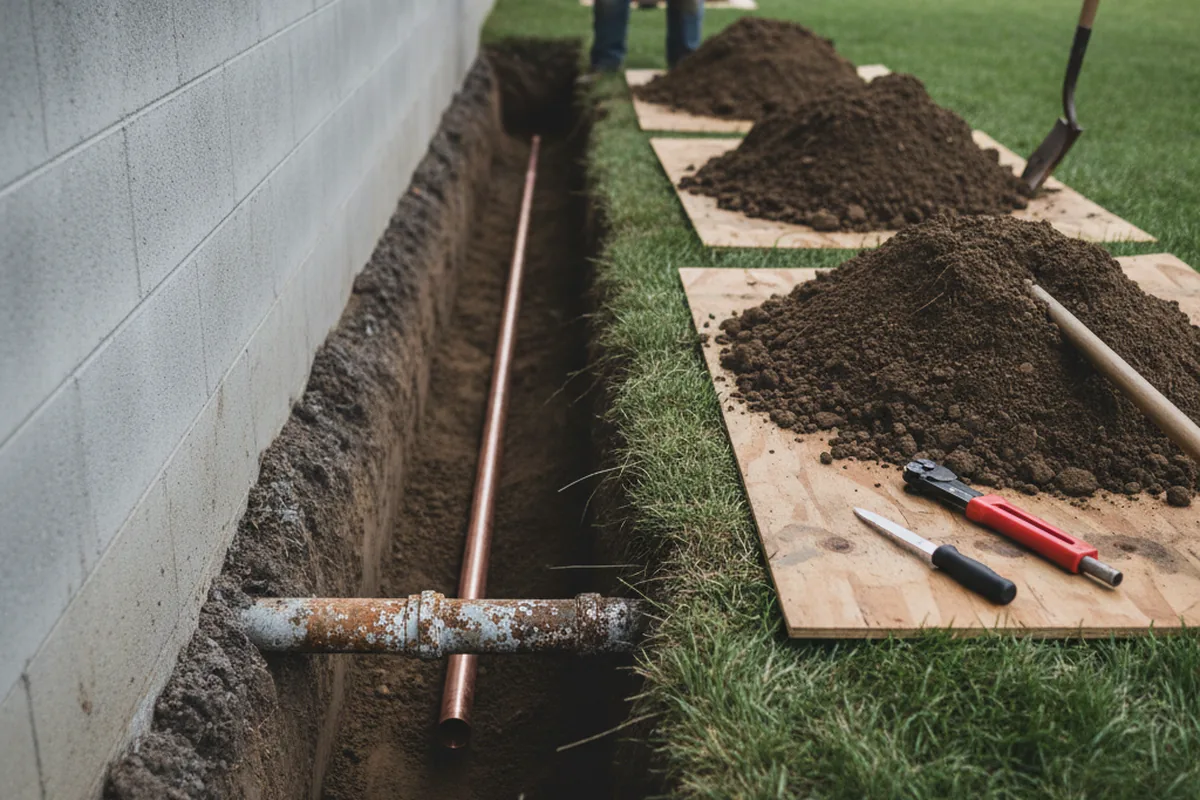 Excavated water line trench during Water Softener Installation in Sparta
